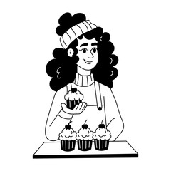A hand drawn style illustration showing baking cupcakes
