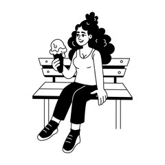 A hand drawn style illustration showing a girl eating cone
