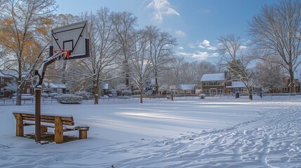 Snowy basketball court. Bench, bare trees, houses in background, blue sky