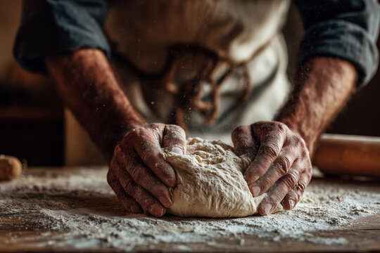 A man is kneading dough on a table