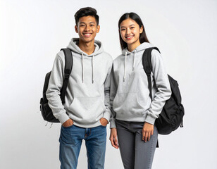 Two individuals stand side by side in light gray hoodies with black backpacks, one wearing blue jeans, the other gray isolated on white background