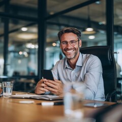 Fototapeta premium A sophisticated professional exudes confidence in his office. He smiles and engages the viewer with a welcoming, optimistic expression.