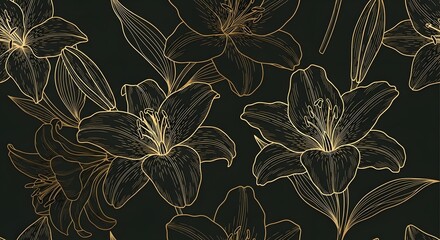 Elegant Golden Line Art Floral Pattern With Lush Lily Blossoms.