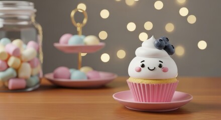 A cute and happy cupcake with blueberries and whipped cream, decorated for a celebration