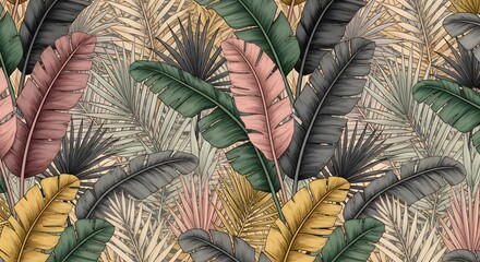Seamless Tropical Pattern With Vibrant Banana Leaves and Elegant Palm Details.