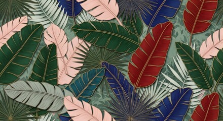 Colorful Tropical Leaves Pattern with Vintage Botanical Illustration.