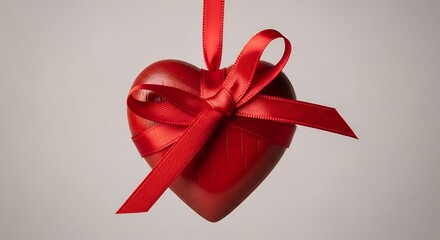 Red heart shaped object with a tied ribbon bow.