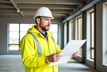 Smiling construction engineer wearing a yellow helmet at an industrial worksite.