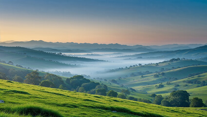 Obraz premium Green hills and valleys covered by fog at sunrise