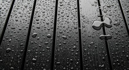 Closeup of dark wooden planks covered in numerous glistening water droplets after the rain