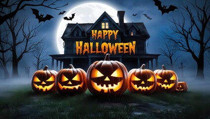 Happy halloween scene with pumpkins, haunted house, bats, and a full moon in the night sky