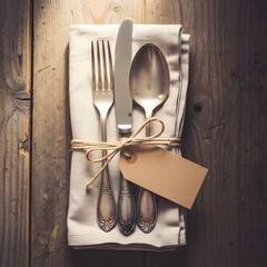 Vintage Silverware Set Tied with Twine on Wooden Surface.