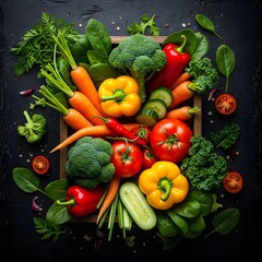 Fresh Colorful Vegetables Displayed on a Wooden Tray With Dark Background.