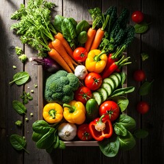 Assorted Fresh Vegetables Arranged in a Rustic Wooden Box for Healthy Living.