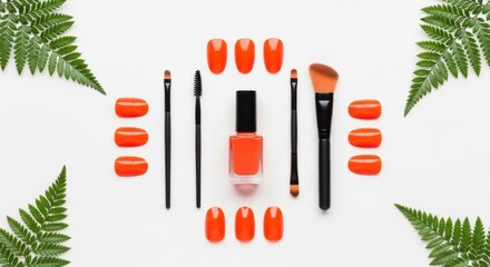 A collection of orange nail polish bottles and swatches are arranged with makeup brushes and fern leaves