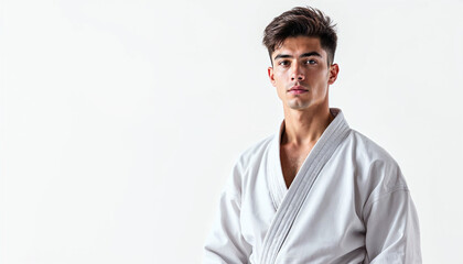 Sharp portrait of young American karate master in white gi and black belt.
