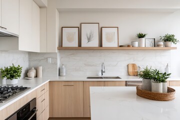 Fototapeta premium Elegant scandinavian kitchen and living space with minimal wood accents framed wall decor and potted plants in soft natural lighting for modern home design and lifestyle branding