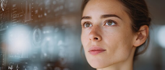 Professional woman working intently on transparent futuristic data interfaces with dynamic graphs and icons in bright modern office for digital analytics and tech innovation themes