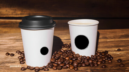 Two white coffee cups with black lids are placed on a wooden table, which is covered with coffee beans. The cups are filled with a white liquid, possibly coffee