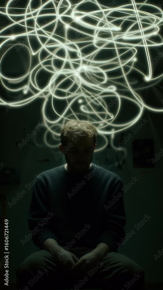 Poster person sitting in dimly lit room with abstract light patterns above head capturing thoughts in creat