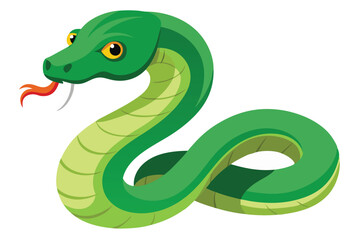 Cartoon Illustration of a Green Snake with Yellow Eyes and Spots coiled up, ready to strike with venomous fangs