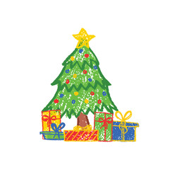 Christmas tree decorated with a star on top and gifts. Hand-drawn like children, using colorful wax, squiggle lines. Doodles in pastel charcoal style. Xmas vector for school, kindergarten designs