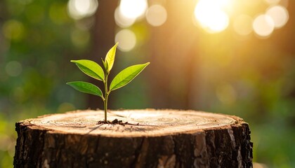 A small sprout growing from a tree stump in a sunlit forest
