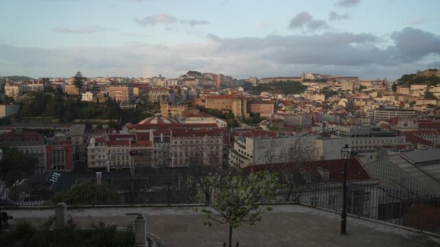 Panoramic view of Lisbon from Miradouro de SALo Pedro de AlcA?ntara at sunset, Lisbon, Portugal, Europe