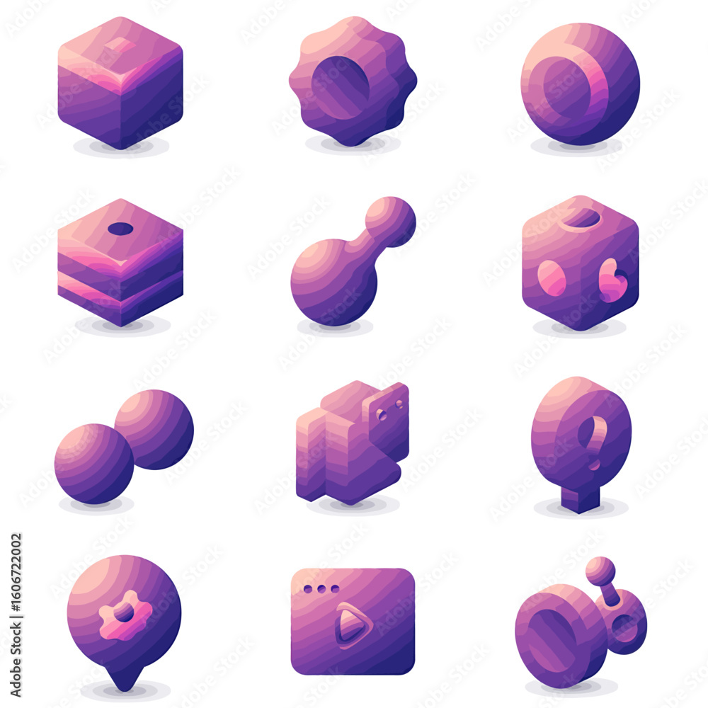 Poster a collection of abstract 3d geometric shapes and icons with a vibrant purple gradient, presented in 