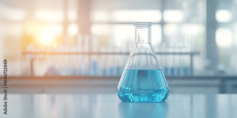 Poster laboratory flask with blue liquid on a counter. science and experimentation in research and analysis