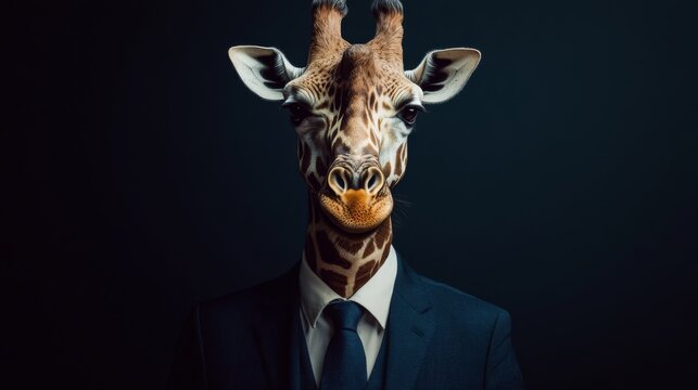 Elegant anthropomorphic giraffe dressed in formal business suit and tie, humorous humanized animal character on dark studio background




 - Powered by Adobe