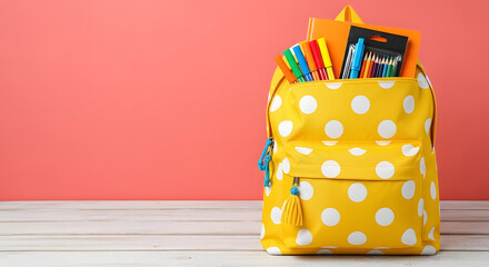 Cheerful Back-to-School Vibes with a Yellow Polka-Dot Backpack and Creative Supplies