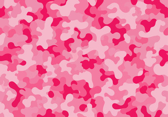 Vector illustration of a seamless camouflage pattern with pink, rose, and fuchsia colors. Modern abstract military background for fashion, textiles, and decor.