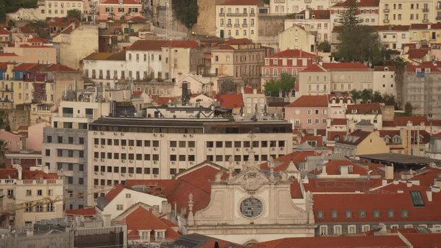Panoramic view of Lisbon from Miradouro de SALo Pedro de AlcA?ntara at sunset, Lisbon, Portugal, Europe