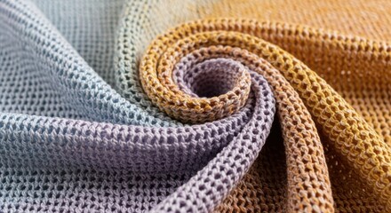 A closeup view of a soft, textured knit fabric with a gradient of blue to orange colors
