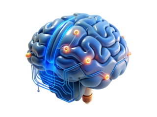 3D model of a human brain with glowing blue circuits and orange nodes