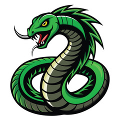 Cartoon Illustration of a Green Snake with Yellow Eyes and Spots coiled up, ready to strike with venomous fangs