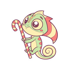 Cartoon chameleon holding a candy cane, featuring a cute and colorful design with big eyes and a curled tail.