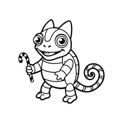 Cartoon chameleon standing upright and smiling, holding a candy cane, outlined in black and white.