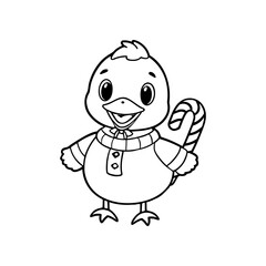 A cute cartoon bird wearing a sweater is standing and smiling, outlined in black and white.