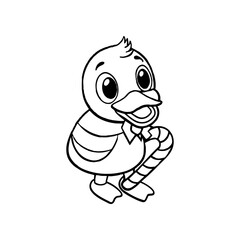 A cartoon duckling stands holding a striped candy cane, outlined in black and white.