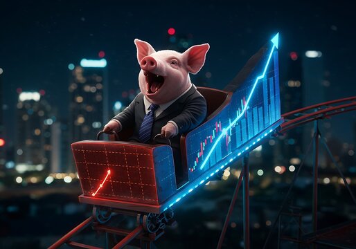 A joyful pig in a suit rides a roller coaster with a financial graph, celebrating success.