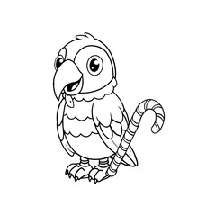 Cartoon parrot illustration with a candy cane behind it, outlined in black and white, suitable for coloring.