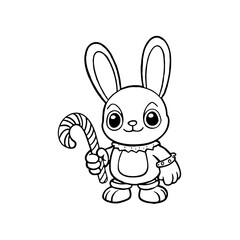 Cartoon bunny standing and holding a candy cane, outlined in black and white, suitable for coloring.