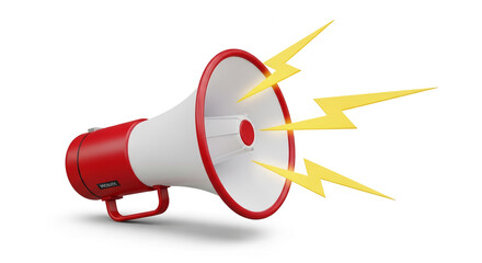Red and white megaphone with yellow lightning bolts, showcasing announcement, advertisement, or marketing concept
