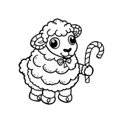 Cartoon sheep with curly wool, a bow tie, and horns, holding a candy cane in its hoof.