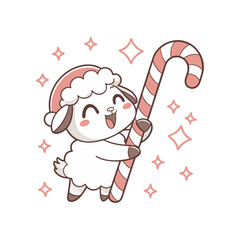 A cute cartoon lamb wearing a Santa hat happily holds a large candy cane, surrounded by sparkling stars.