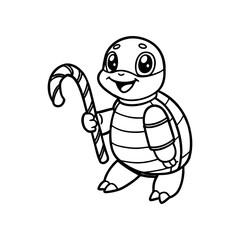 Cartoon turtle illustration standing and holding a candy cane, outlined in black and white, perfect for coloring.