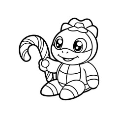 A cute cartoon turtle wearing a hat and holding a candy cane, presented as a black and white line drawing for coloring.