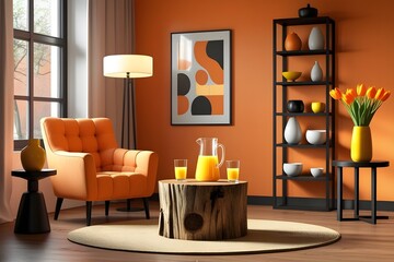 Fototapeta premium Modern Living Room with Vibrant Orange Decor and Cozy Furniture